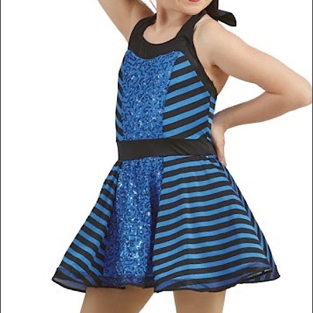 WEISSMAN Dance Costume blue stripe 11087 leotard dress “one foot” IC child 7/8